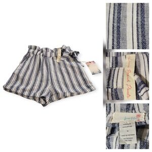 Kiss & Cry Navy White Striped Linen Blend Paperbag Waist‎ Cuffed Shorts S Boho